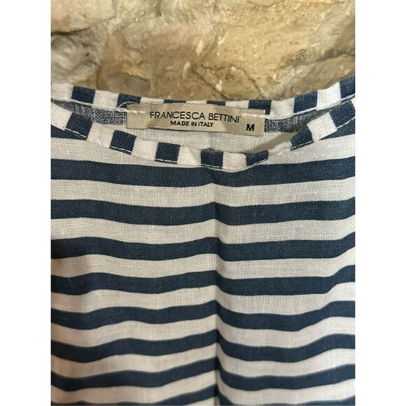 Francesca Bettini Navy Blue White Striped Pure Linen Midi Dress Medium - Picture 5 of 6